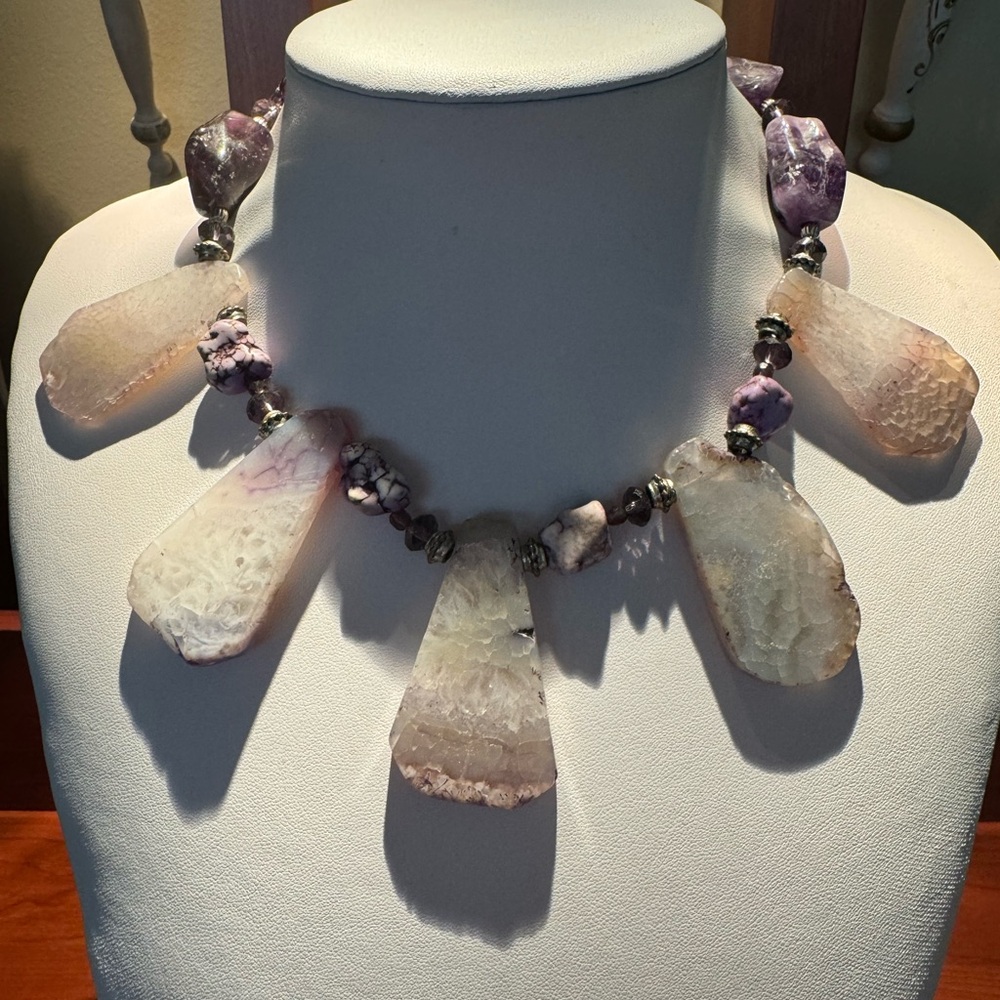 Handmade Boho natural stones amethyst & agate necklace